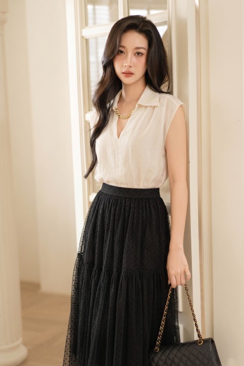 Sixdo Black Mesh Flared Skirt